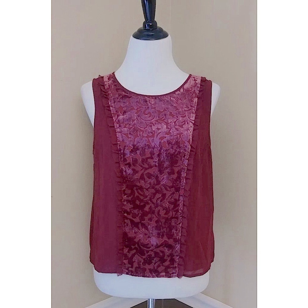 Modcloth Lace & Mesh Burgundy Velvet Burnout w Ruffle Sleeveless Top Medium